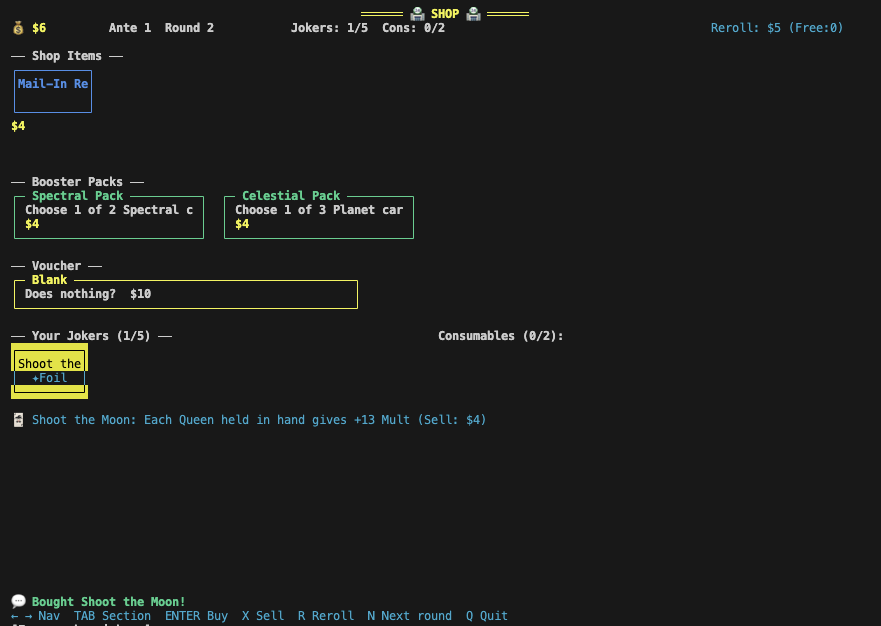 CLI Balatro shop interface