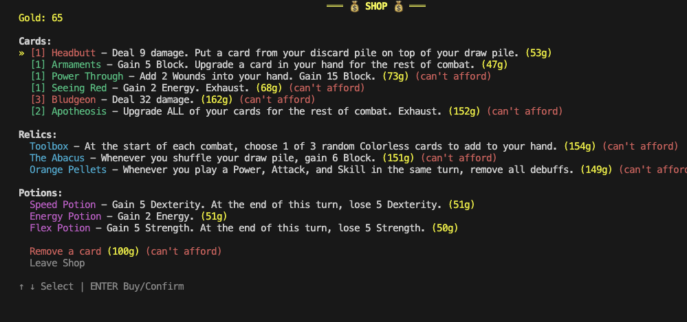 CLI Slay the Spire shop interface