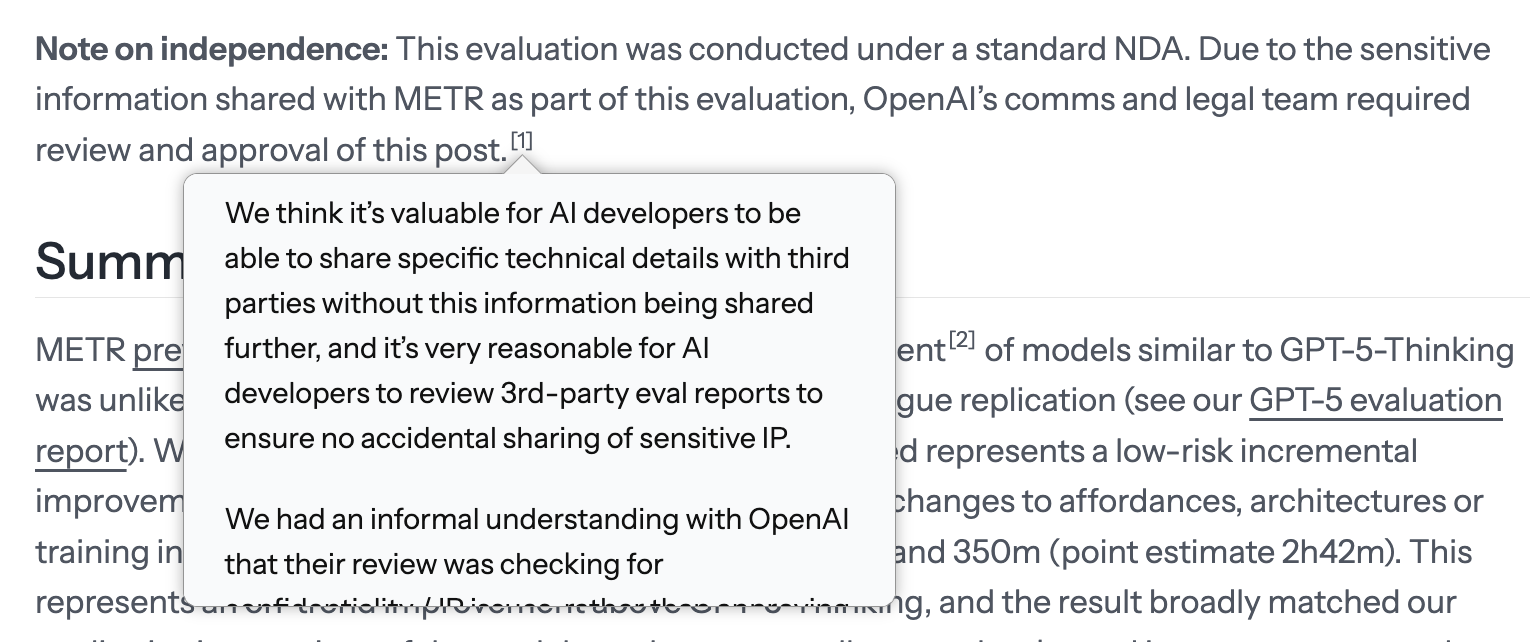Excerpt from METR's GPT-5.1-Codex-Max report. A note on independence says the evaluation was conducted under a standard NDA and that OpenAI's comms and legal team required review and approval of the post; an open footnote explains why METR thinks it is reasonable for developers to review third-party reports for sensitive IP, and describes an informal understanding with OpenAI about what their review was checking for.